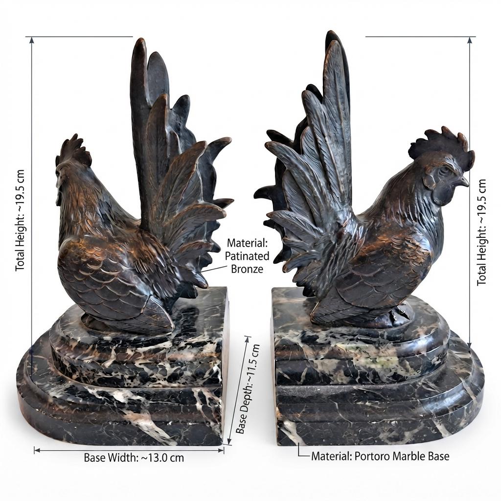 Rooster Bookends Pair, Carlos Van Dionant Signed Bronze Cockerels on Green Marble — Belgian, Early 20th Century