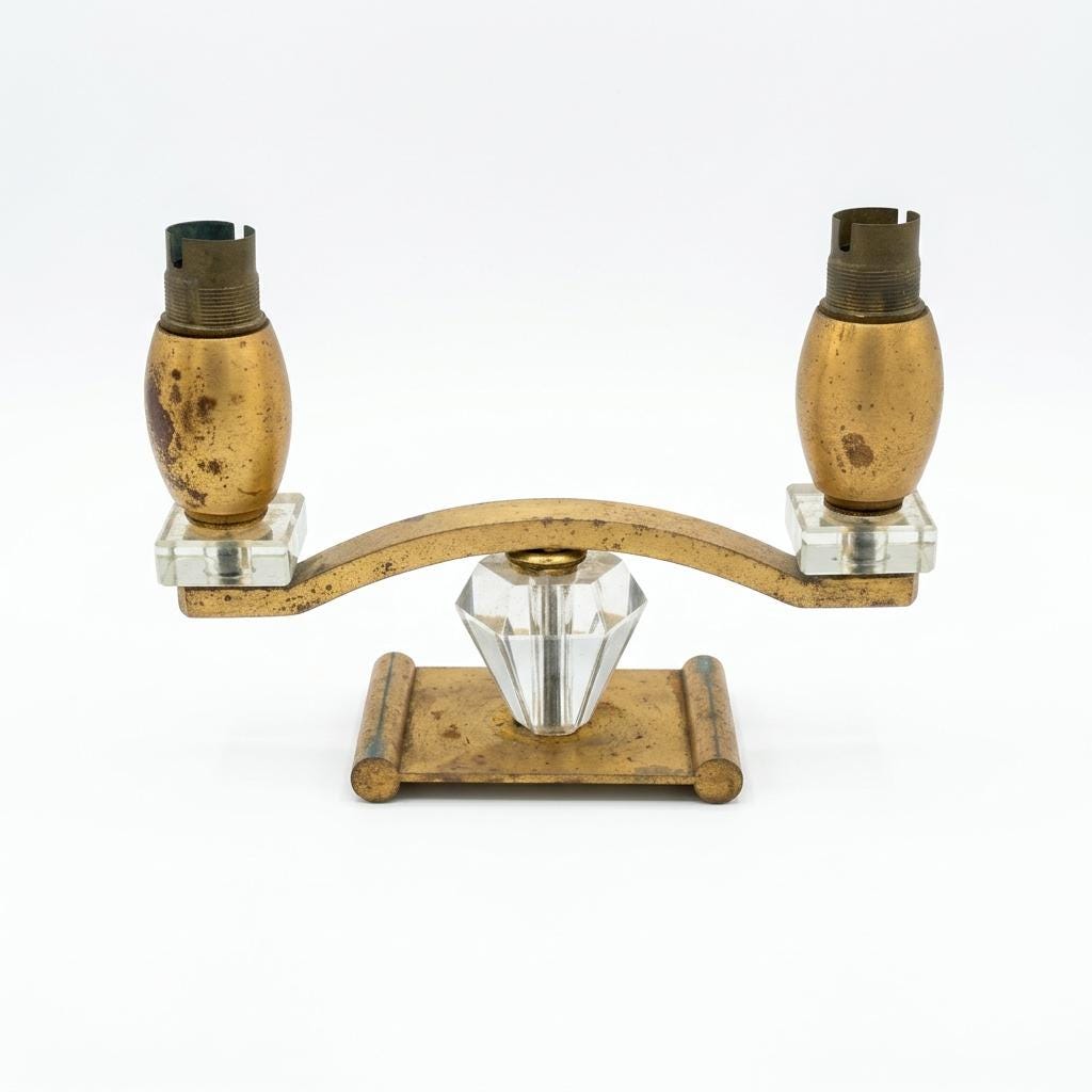 Vintage Art Deco Style Brass and Cut Crystal Two-Light Table Lamp, circa 1940