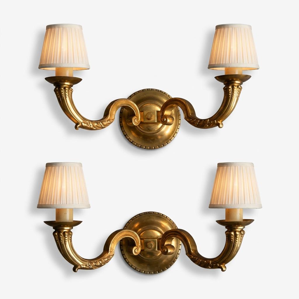 Pair of French Gilt Bronze Double Arm Wall Sconces, Mid-Century — France, circa 1950