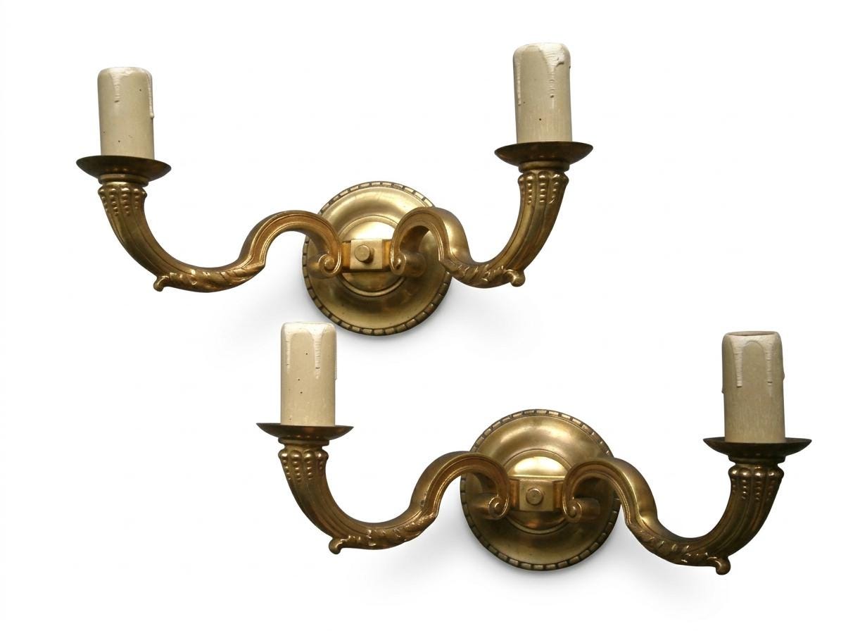 Pair of French Gilt Bronze Double Arm Wall Sconces, Mid-Century — France, circa 1950