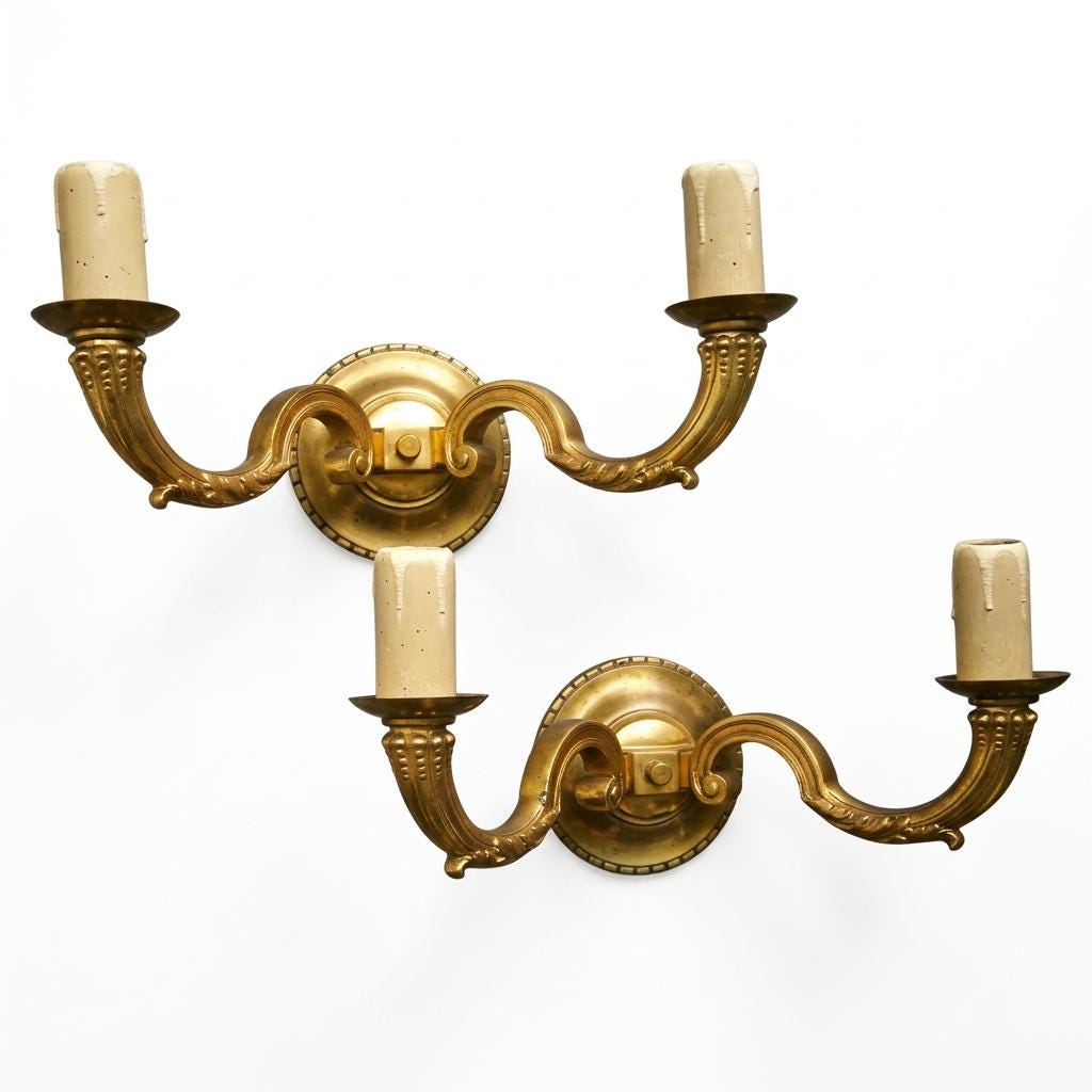 Pair of French Gilt Bronze Double Arm Wall Sconces, Mid-Century — France, circa 1950