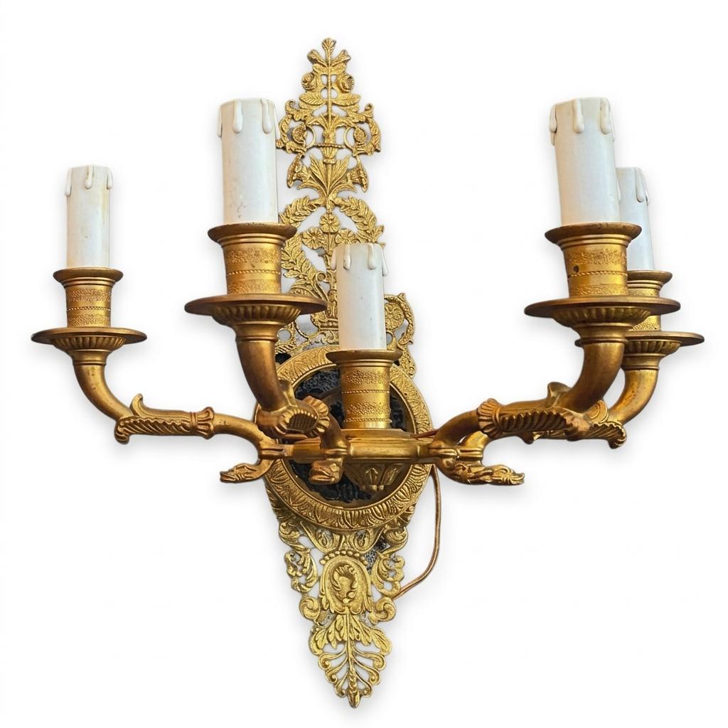 Pair of Antique French Five-Arm Bronze Wall Sconces, Lion Mask Empire Style — France, Early 20th Century
