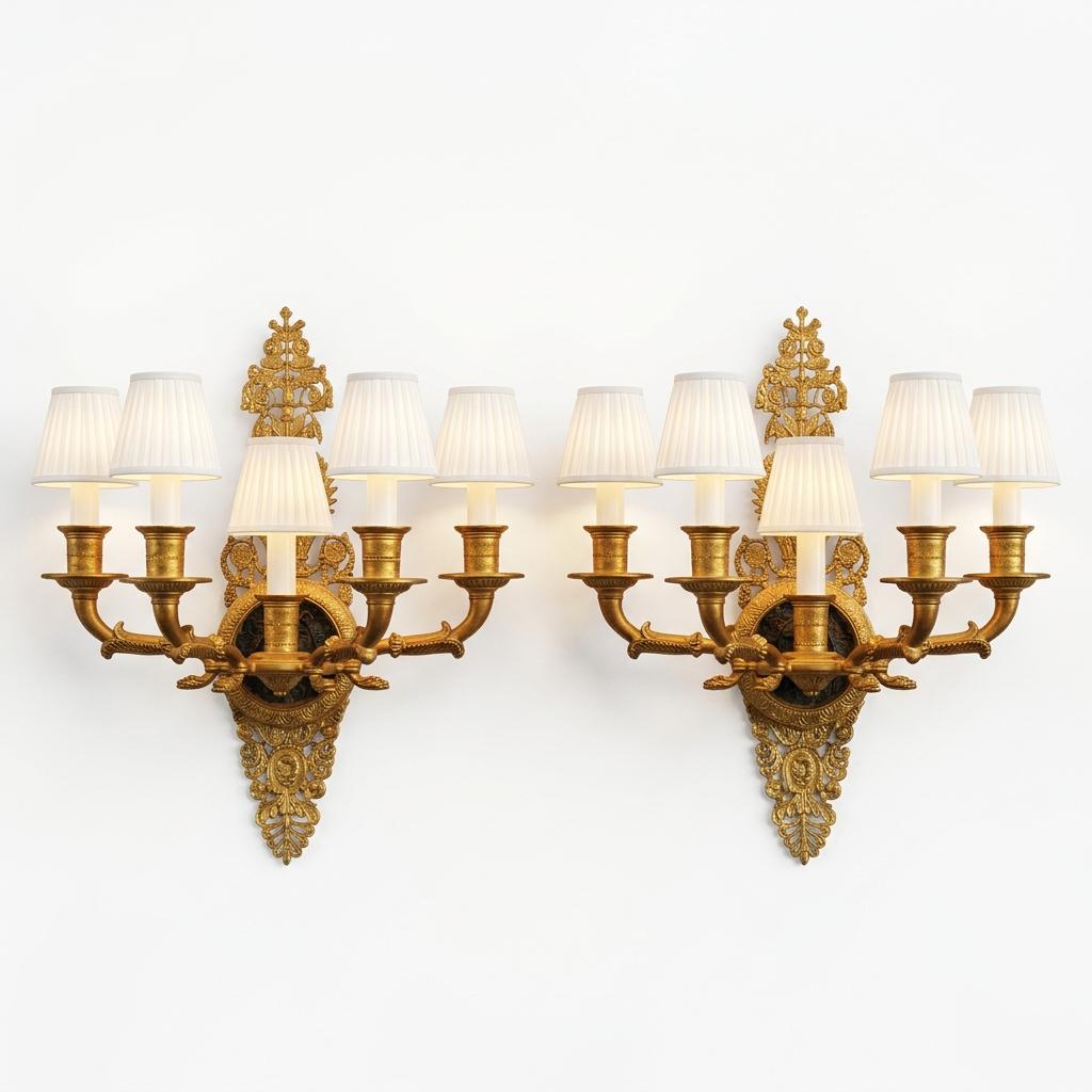Pair of Antique French Five-Arm Bronze Wall Sconces, Lion Mask Empire Style — France, Early 20th Century