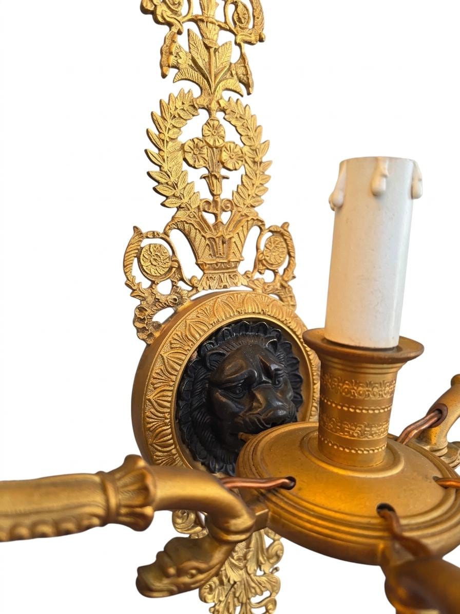 Pair of Antique French Five-Arm Bronze Wall Sconces, Lion Mask Empire Style — France, Early 20th Century
