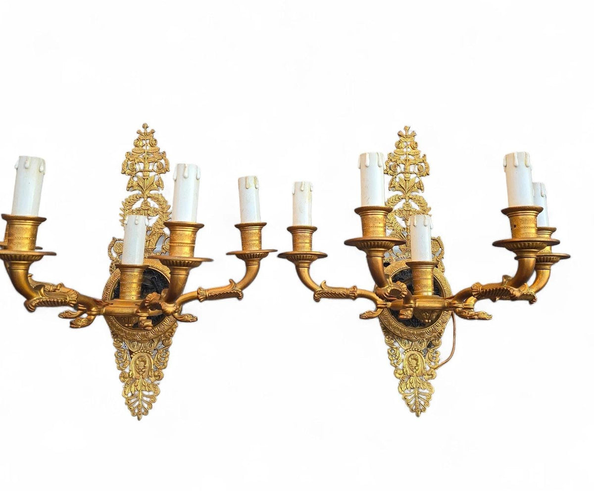 Pair of Antique French Five-Arm Bronze Wall Sconces, Lion Mask Empire Style — France, Early 20th Century