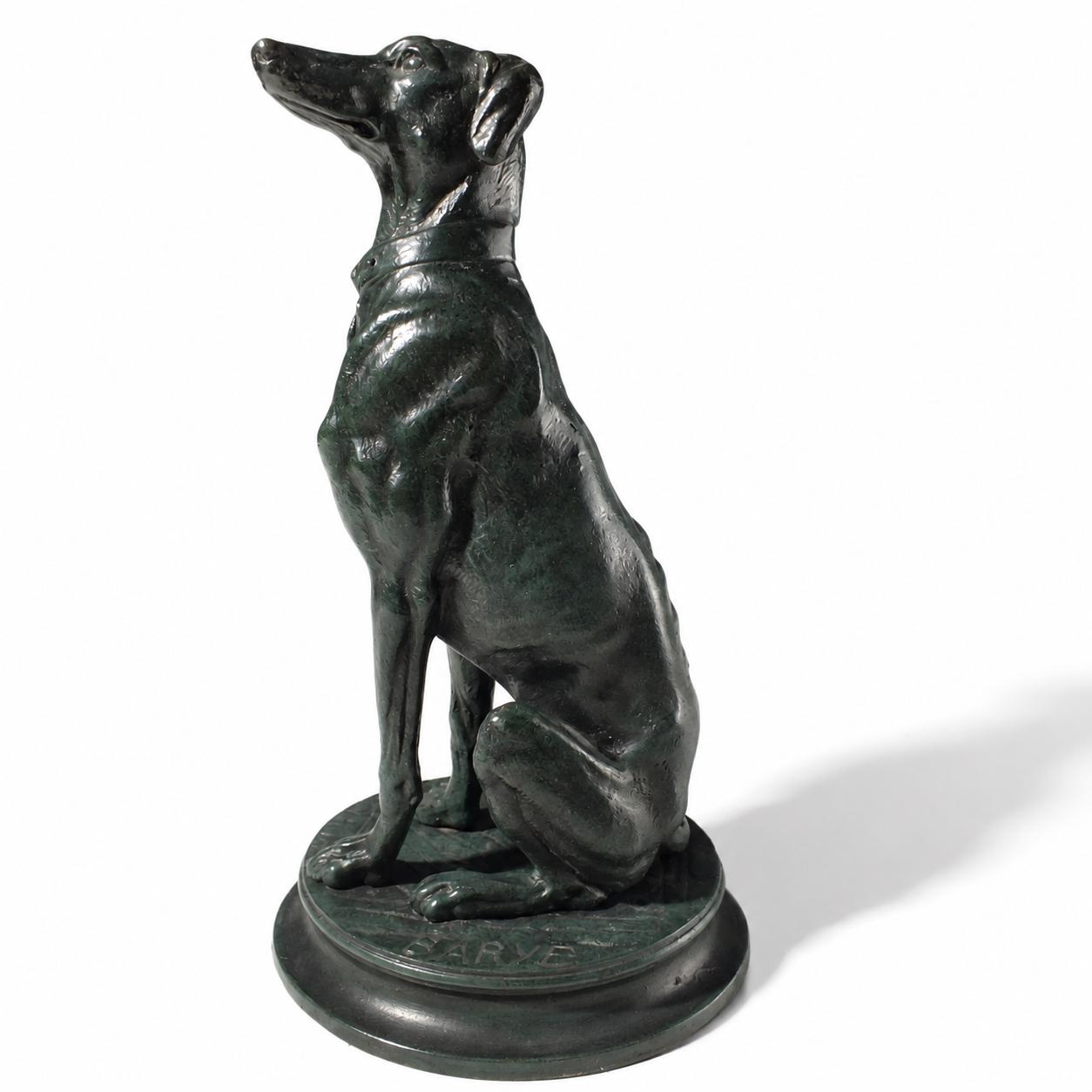 Antique Bronze Sitting Dog Sculpture, Signed Barye, Green Patina — French, Late 19th Early 20th Century