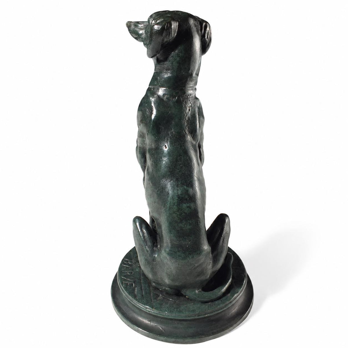 Antique Bronze Sitting Dog Sculpture, Signed Barye, Green Patina — French, Late 19th Early 20th Century