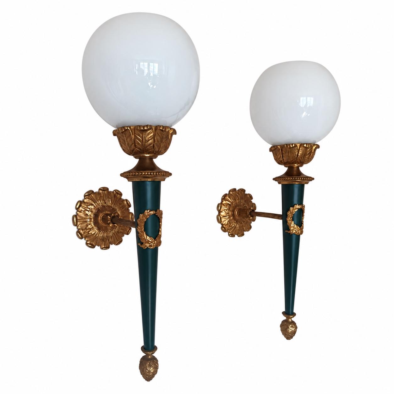 Pair of French Empire Style Wall Sconces, Gilt Bronze and Green Patina with Opaline Globes — France, Mid-20th Century
