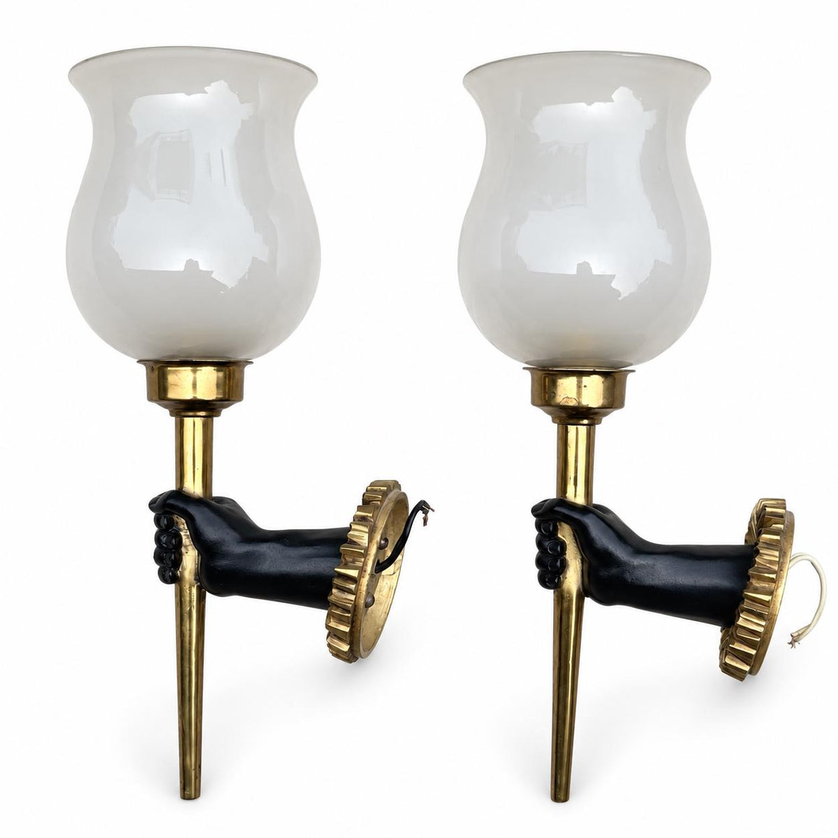 Pair of French Bronze Wall Sconces, Nubian Hand Holding Torch, Arlus — France, circa 1960