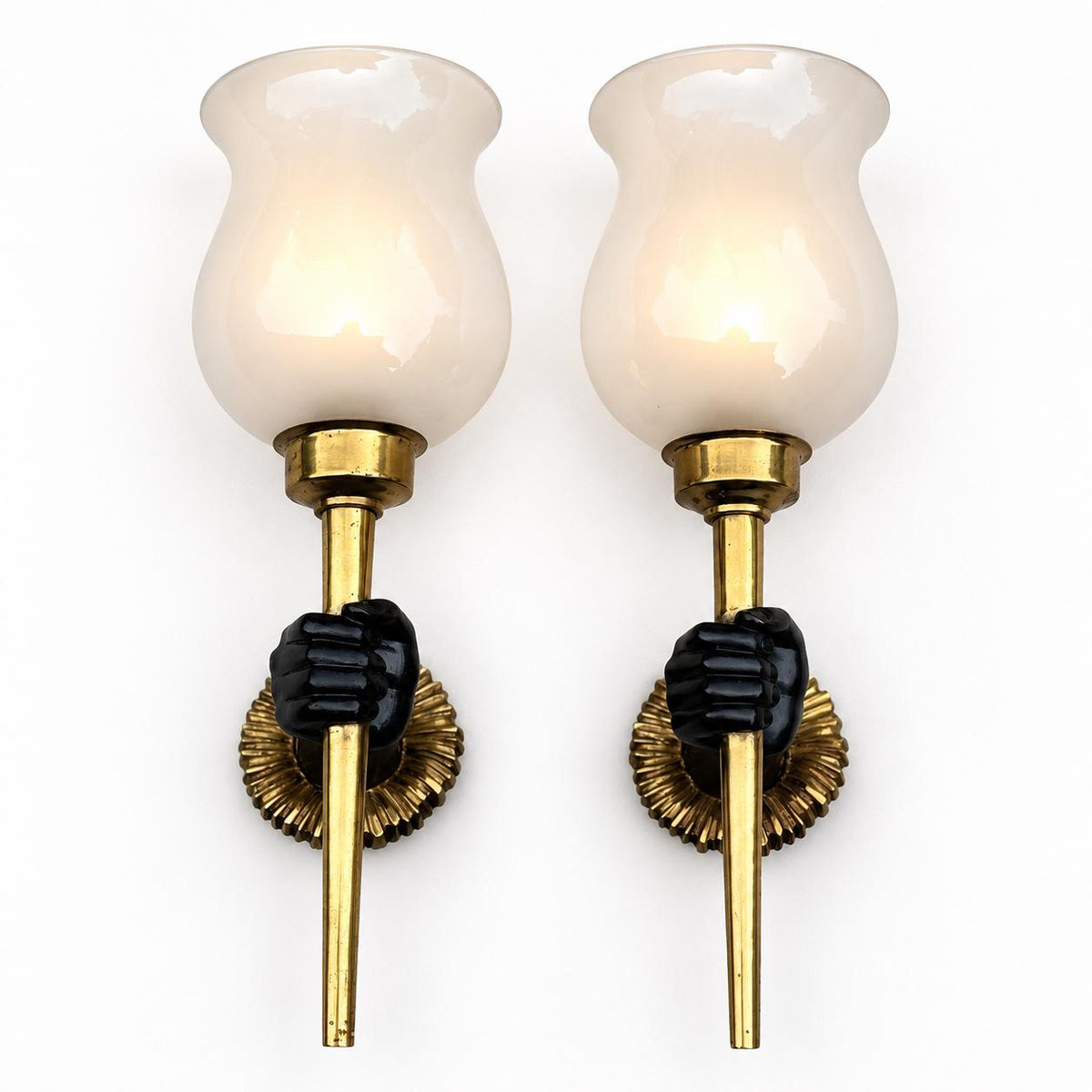Pair of French Bronze Wall Sconces, Nubian Hand Holding Torch, Arlus — France, circa 1960