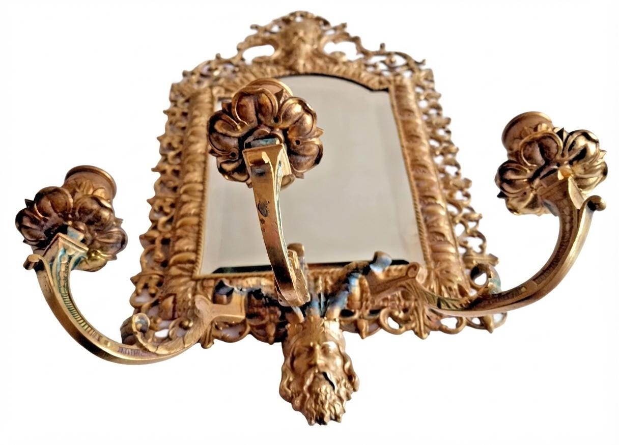 Antique Bronze Mirror Wall Sconce, Renaissance Style with Three Candle Arms and Mask Crest — Continental, 19th Century