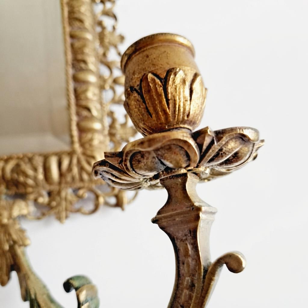 Antique Bronze Mirror Wall Sconce, Renaissance Style with Three Candle Arms and Mask Crest — Continental, 19th Century