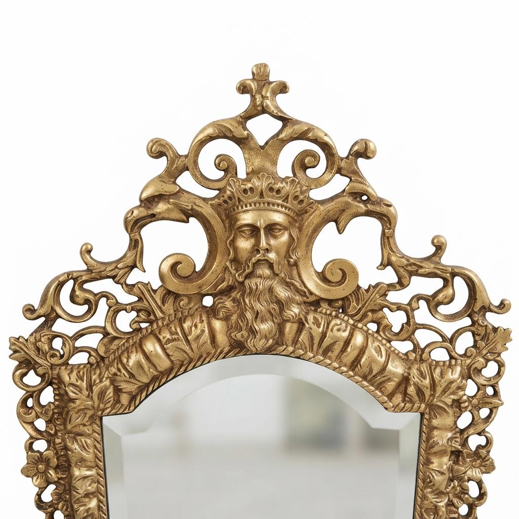 Antique Bronze Mirror Wall Sconce, Renaissance Style with Three Candle Arms and Mask Crest — Continental, 19th Century