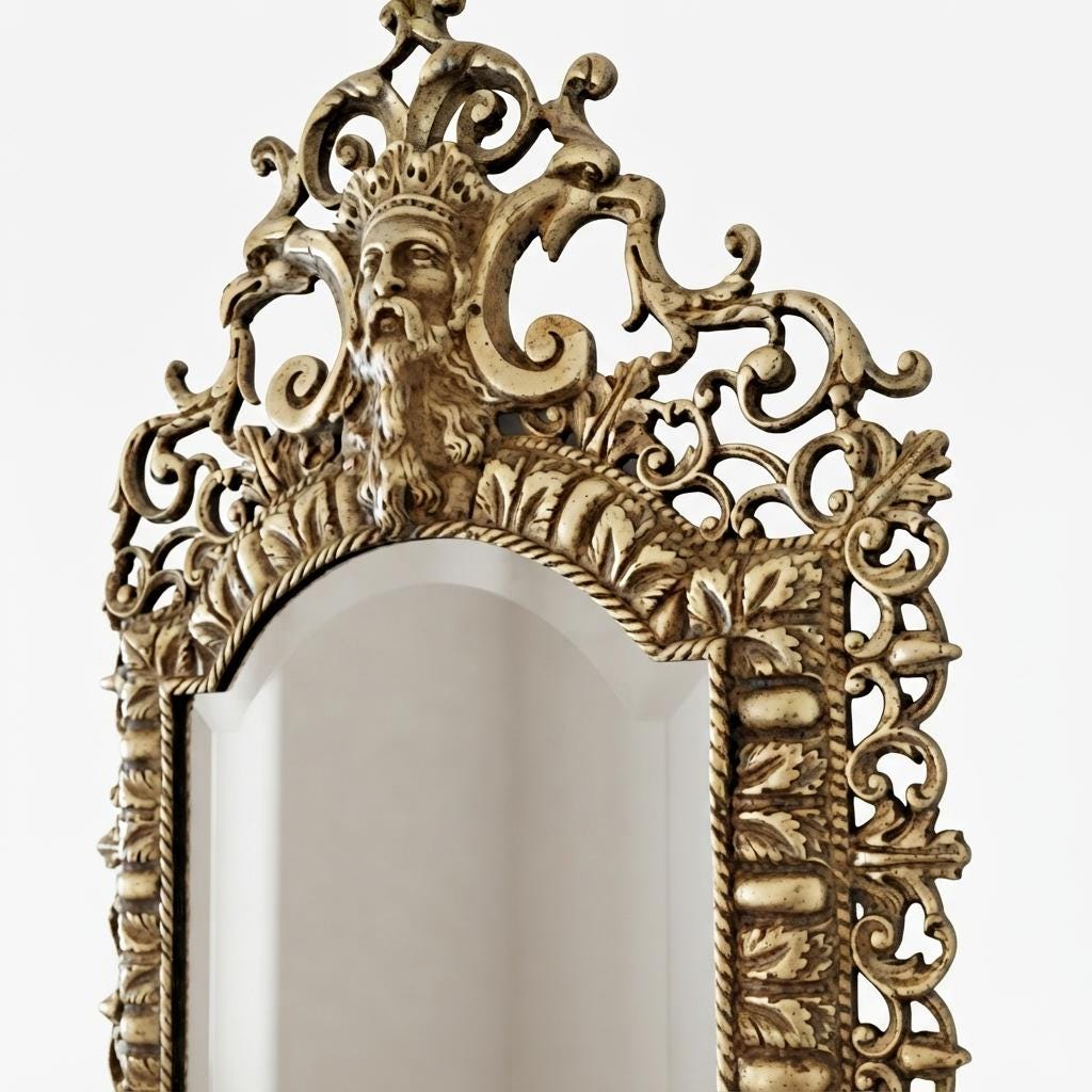 Antique Bronze Mirror Wall Sconce, Renaissance Style with Three Candle Arms and Mask Crest — Continental, 19th Century