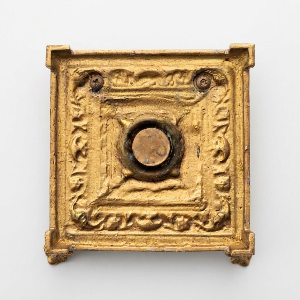 Antique French Victorian Bronze Inkwell, Gilt Square Desk Inkstand with Pen Rests — France, 19th Century
