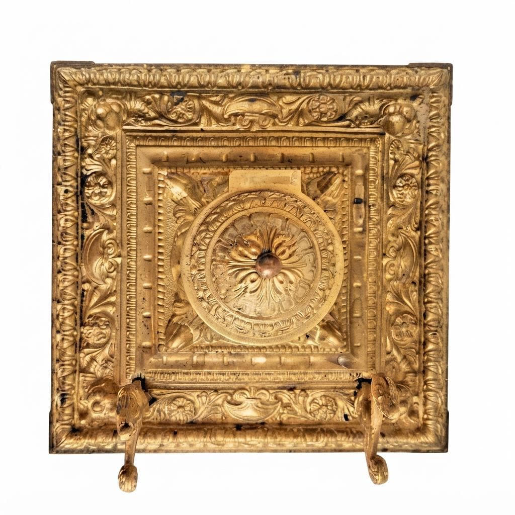 Antique French Victorian Bronze Inkwell, Gilt Square Desk Inkstand with Pen Rests — France, 19th Century
