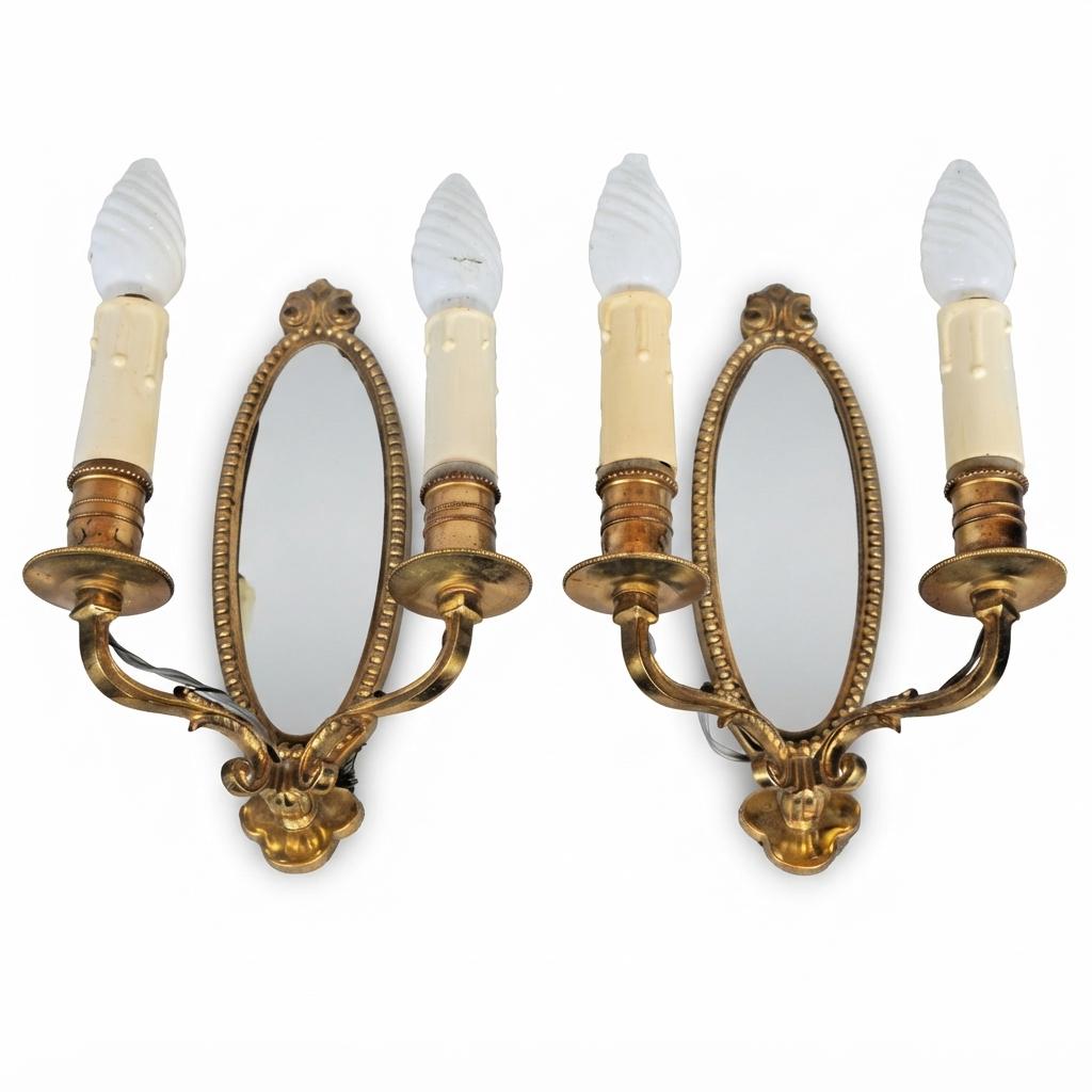 Pair of French Vintage Gilt Brass Wall Sconces, Two Arm with Oval Mirror Backplate — France, Mid-20th Century
