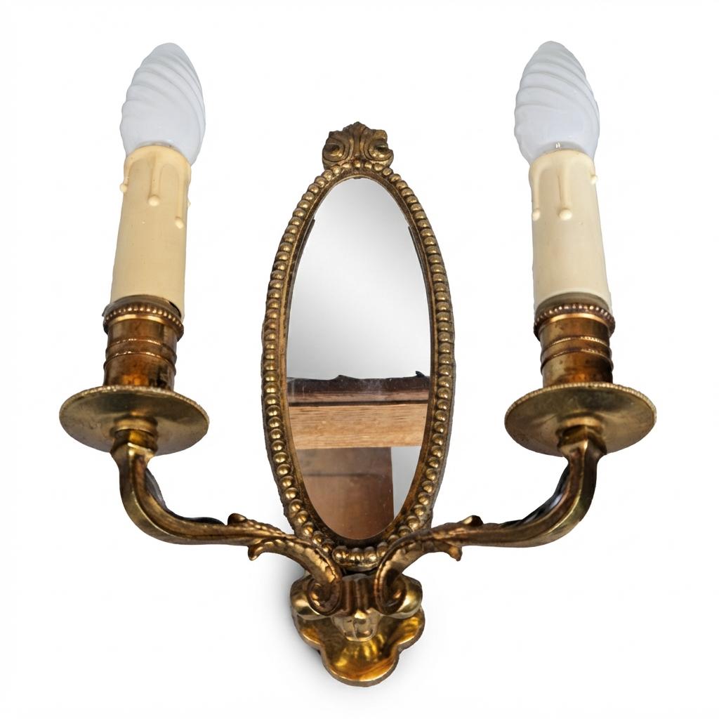 Pair of French Vintage Gilt Brass Wall Sconces, Two Arm with Oval Mirror Backplate — France, Mid-20th Century