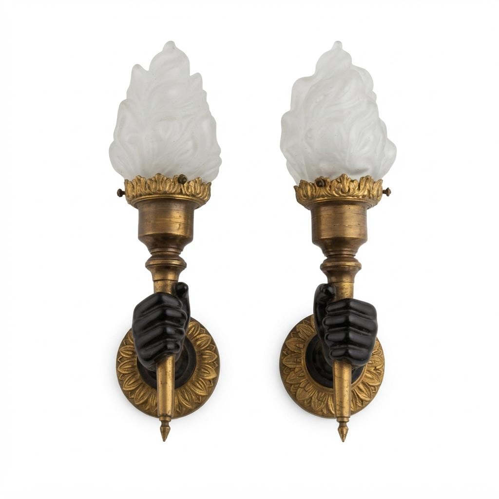 Pair of French Bronze Wall Sconces, Hand Holding Torch with Frosted Flame Glass Globes — France, Mid-20th Century