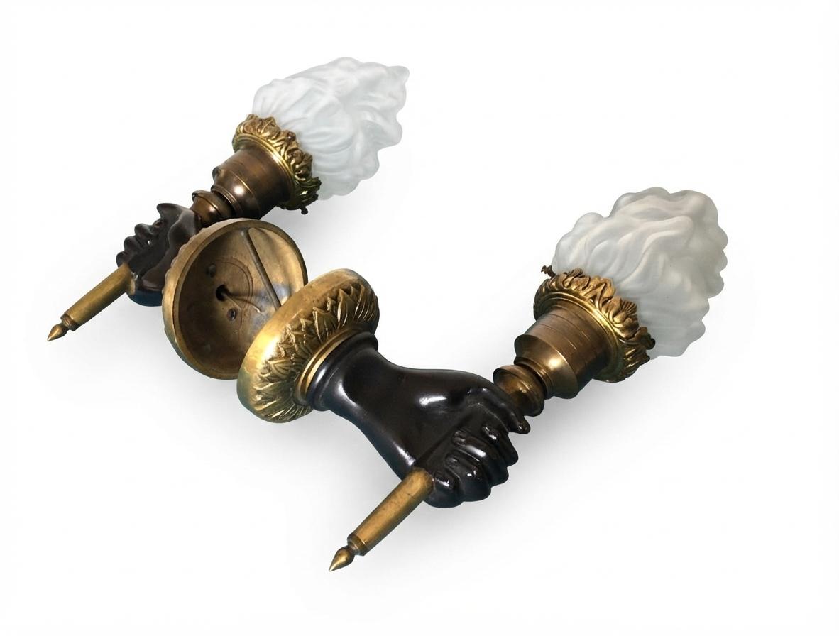 Pair of French Bronze Wall Sconces, Hand Holding Torch with Frosted Flame Glass Globes — France, Mid-20th Century