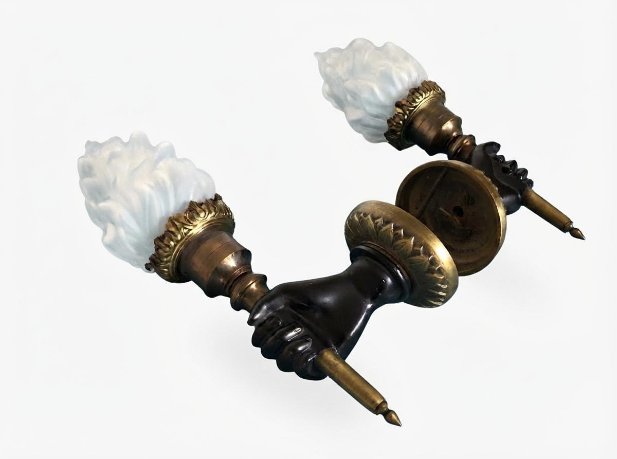 Pair of French Bronze Wall Sconces, Hand Holding Torch with Frosted Flame Glass Globes — France, Mid-20th Century