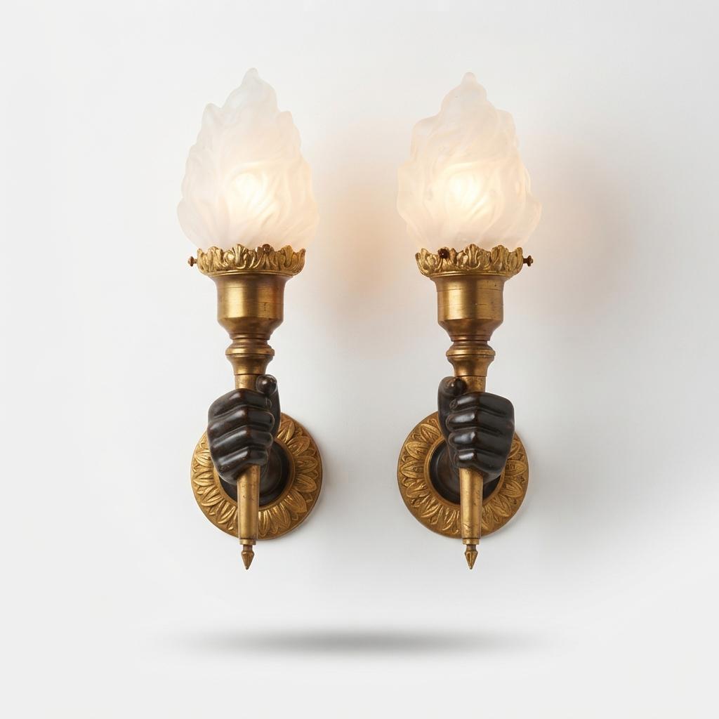 Pair of French Bronze Wall Sconces, Hand Holding Torch with Frosted Flame Glass Globes — France, Mid-20th Century