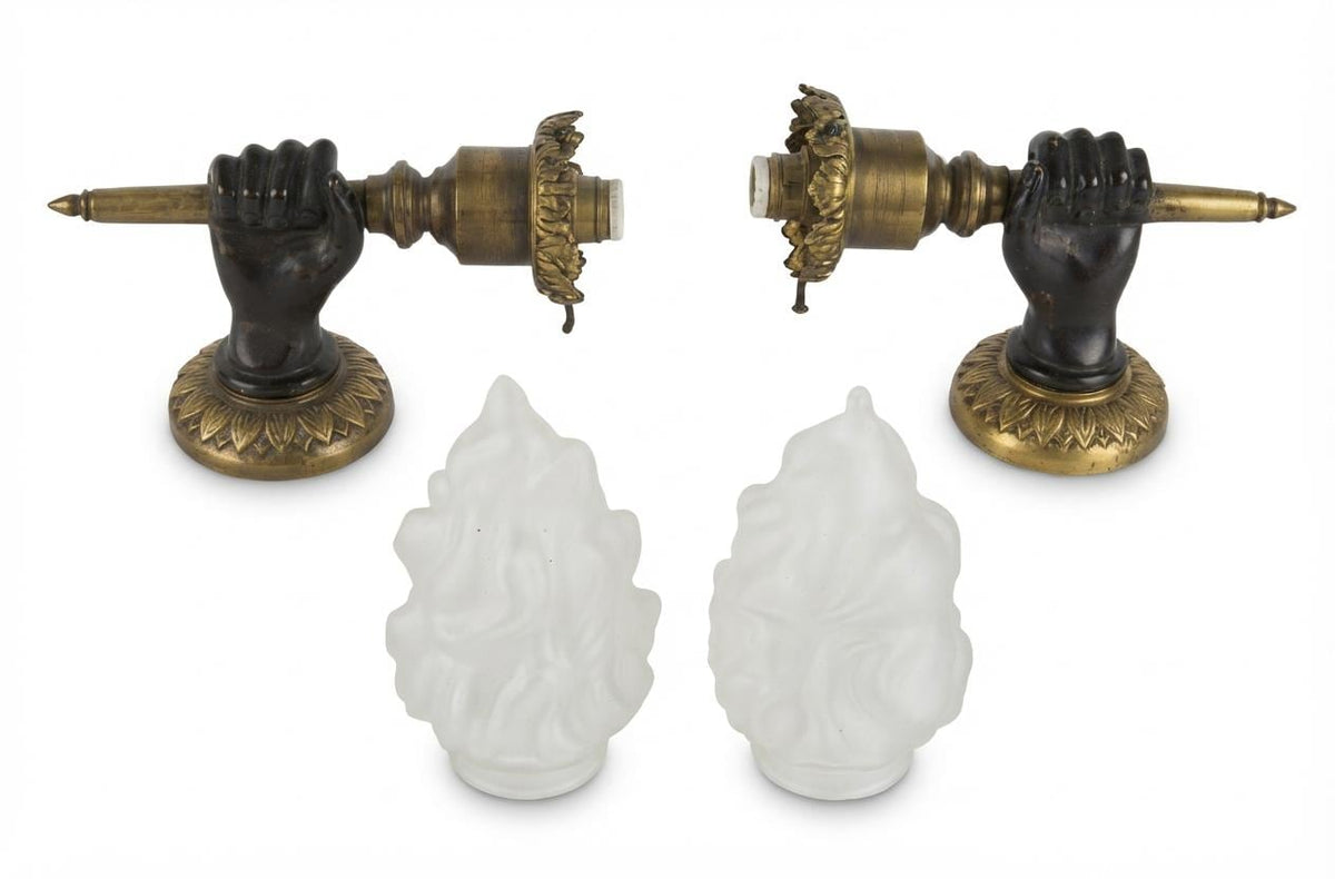Pair of French Bronze Wall Sconces, Hand Holding Torch with Frosted Flame Glass Globes — France, Mid-20th Century