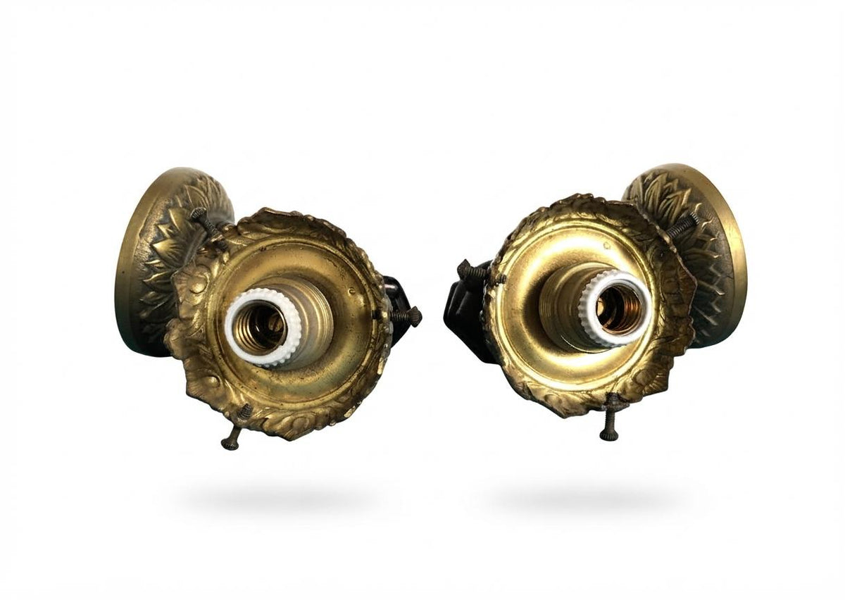 Pair of French Bronze Wall Sconces, Hand Holding Torch with Frosted Flame Glass Globes — France, Mid-20th Century