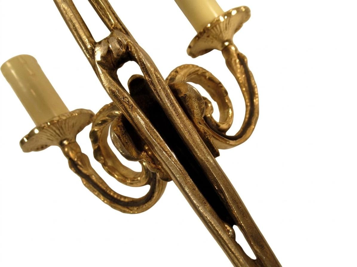Pair of French Gilt Bronze Wall Sconces, Louis XVI Bow and Ram's Head — France, Early 20th Century