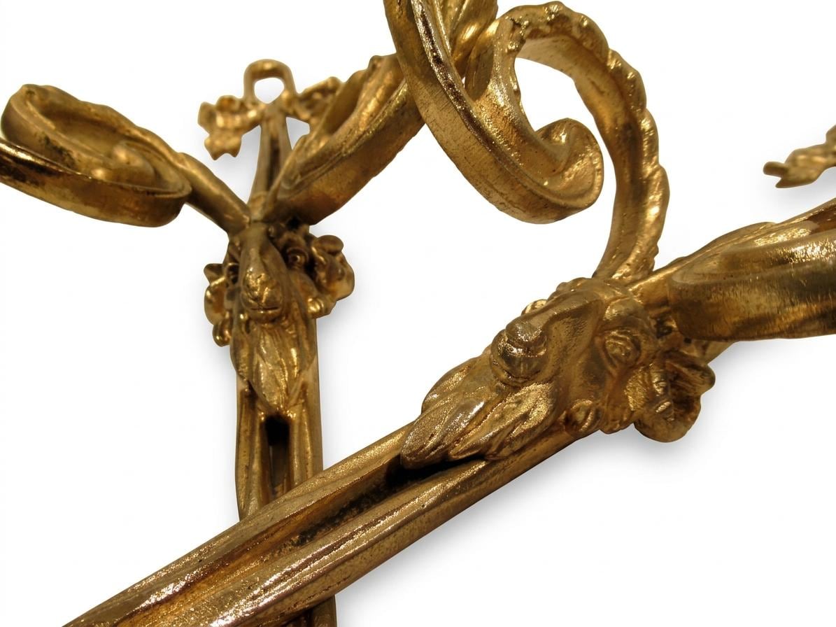 Pair of French Gilt Bronze Wall Sconces, Louis XVI Bow and Ram's Head — France, Early 20th Century