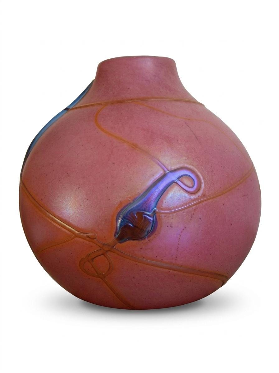 Signed Art Glass Vase, Aconito Guyot Biot, Iridescent Blue on Rose — France, 1988