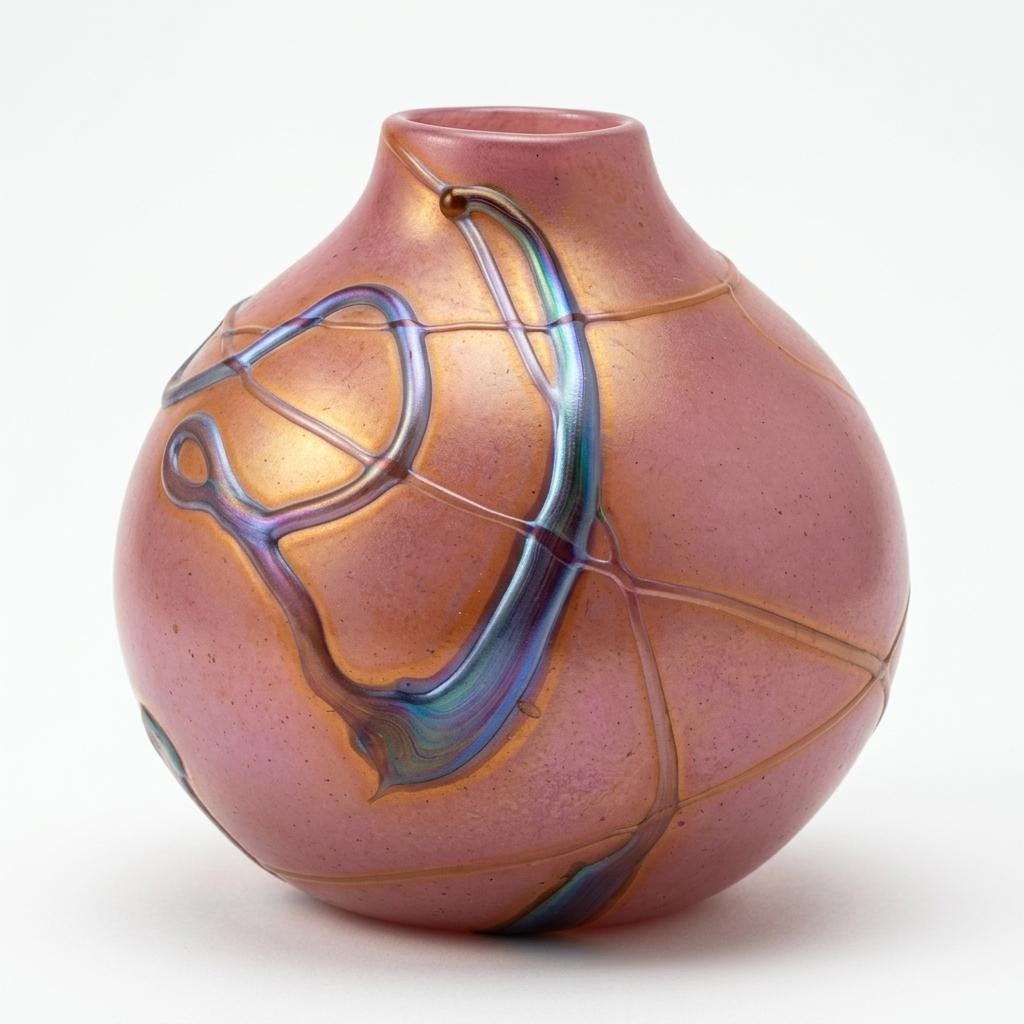 Signed Art Glass Vase, Aconito Guyot Biot, Iridescent Blue on Rose — France, 1988