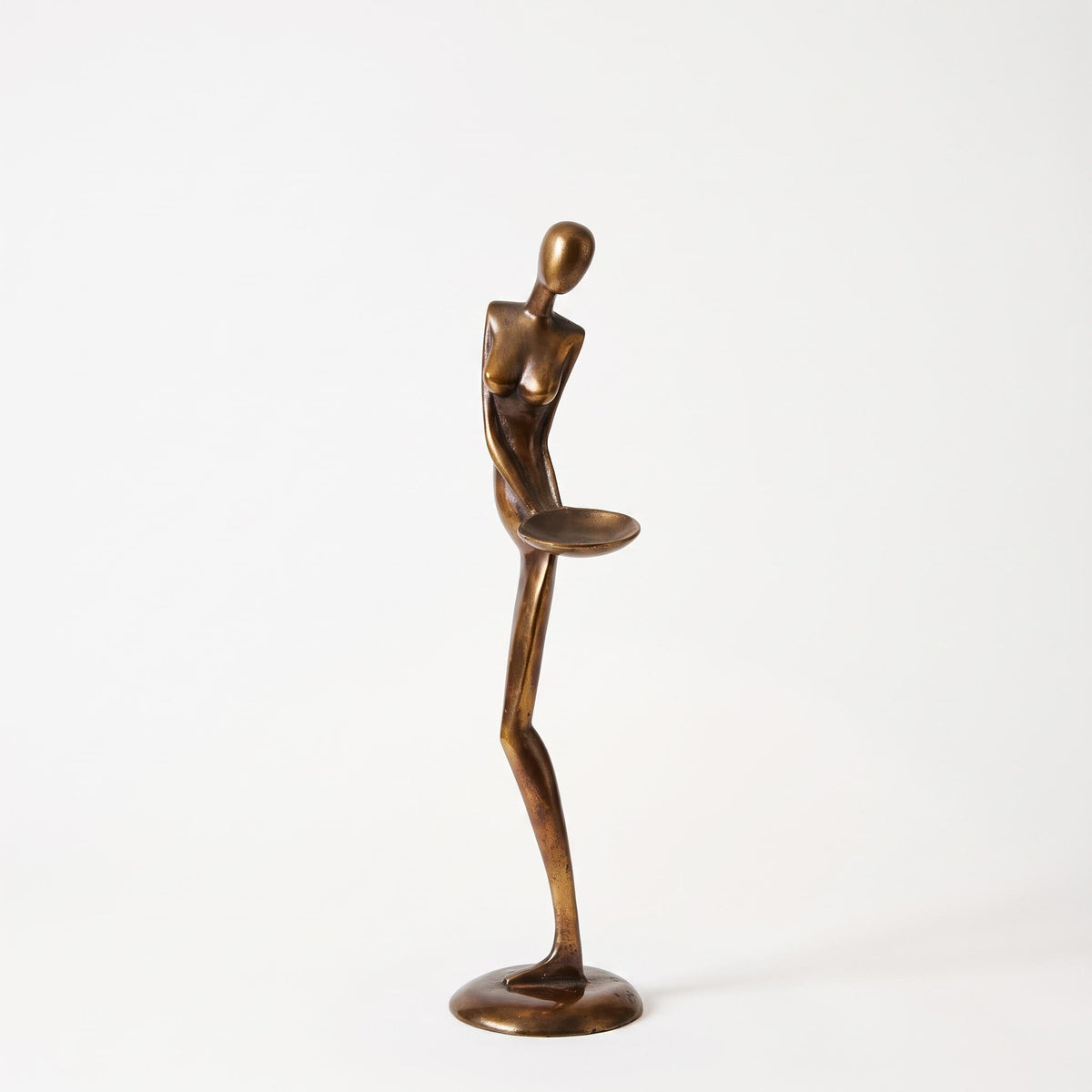 Antique Bronze Female Figure Sculpture, Signed Nana, Modernist Nude with Dish — Mid-20th Century