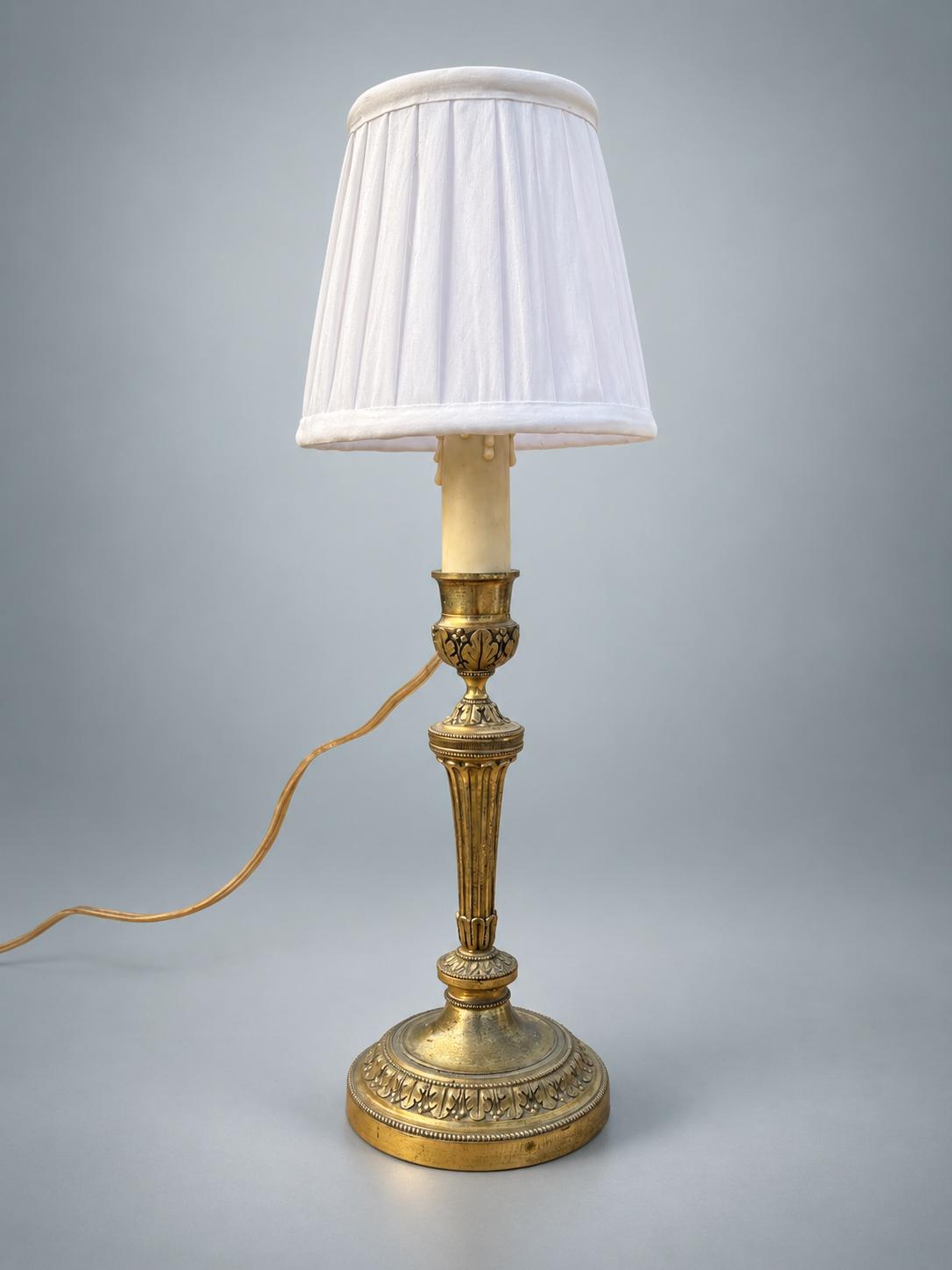 Antique French Gilt Metal Candlestick Lamp, Louis XVI Style — Fluted Column Boudoir Lamp with Pleated Shade