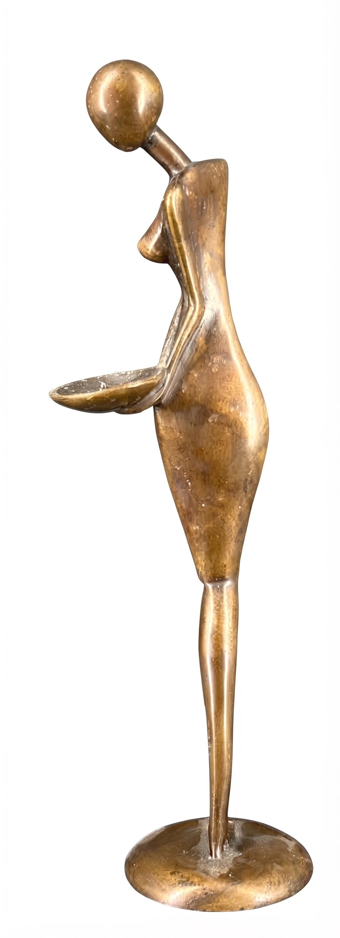 Antique Bronze Female Figure Sculpture, Signed Nana, Modernist Nude with Dish — Mid-20th Century