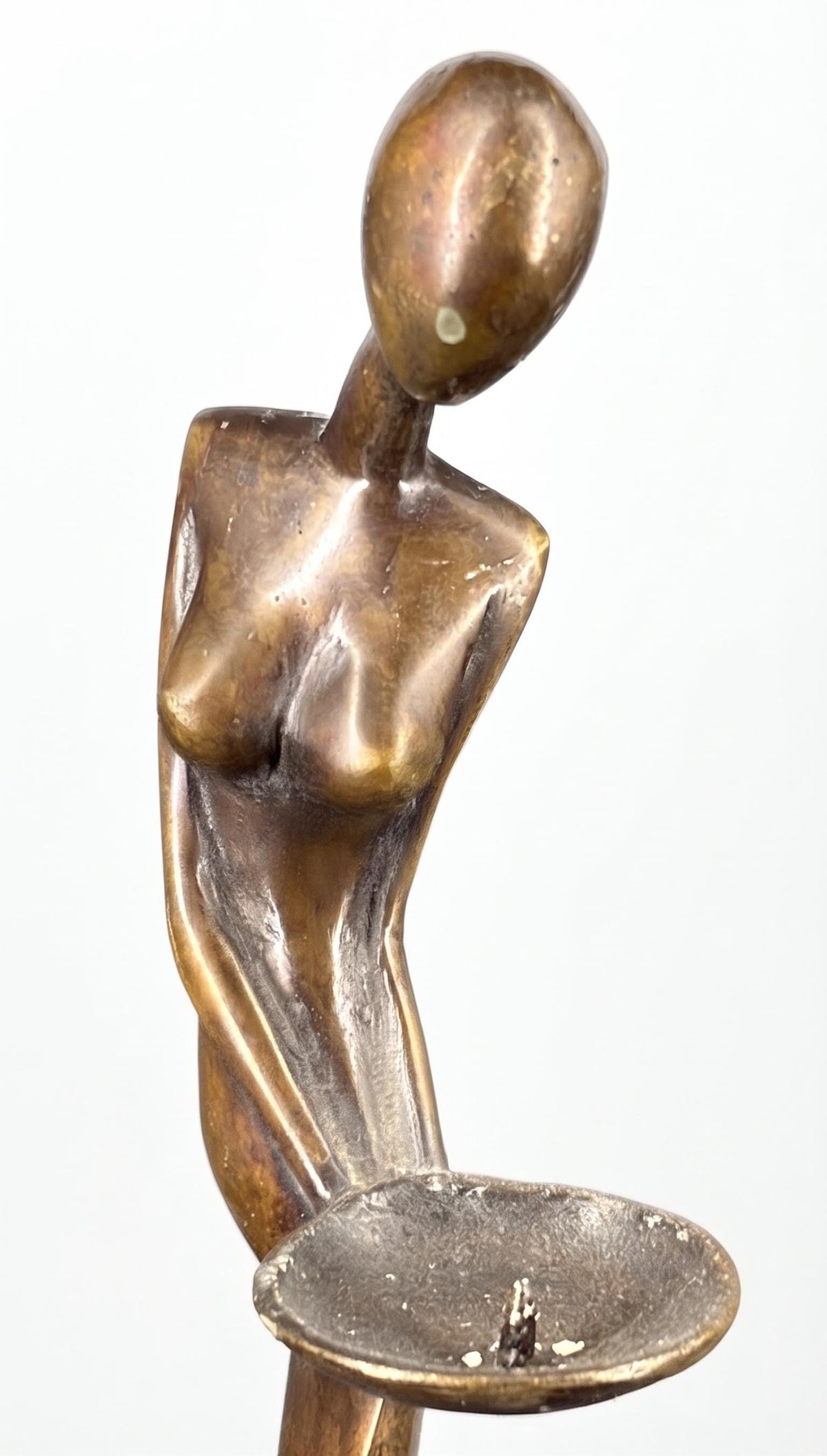 Antique Bronze Female Figure Sculpture, Signed Nana, Modernist Nude with Dish — Mid-20th Century