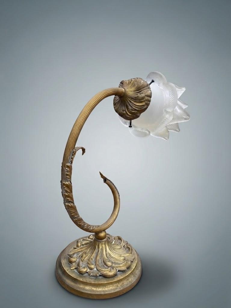 Pair of Antique French Art Nouveau Gilt Metal Table Lamps — Whiplash Arm Lamps with Frosted Glass Flower Shades