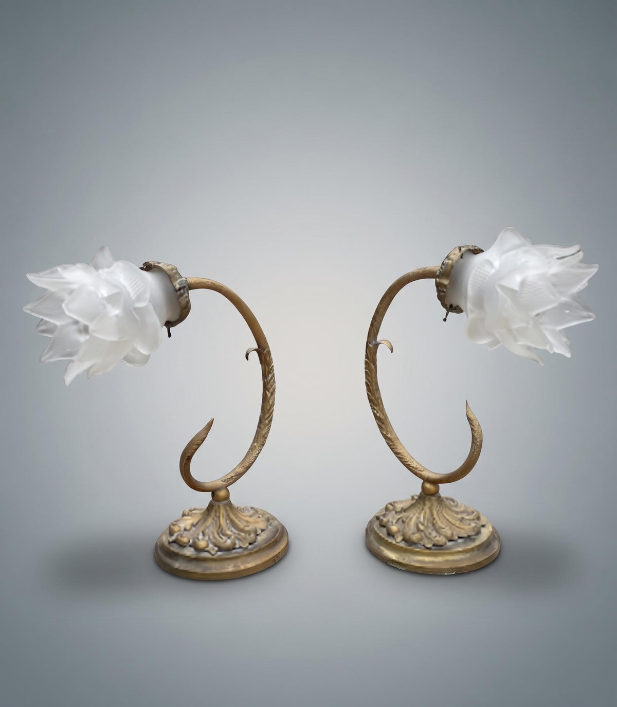 Pair of Antique French Art Nouveau Gilt Metal Table Lamps — Whiplash Arm Lamps with Frosted Glass Flower Shades