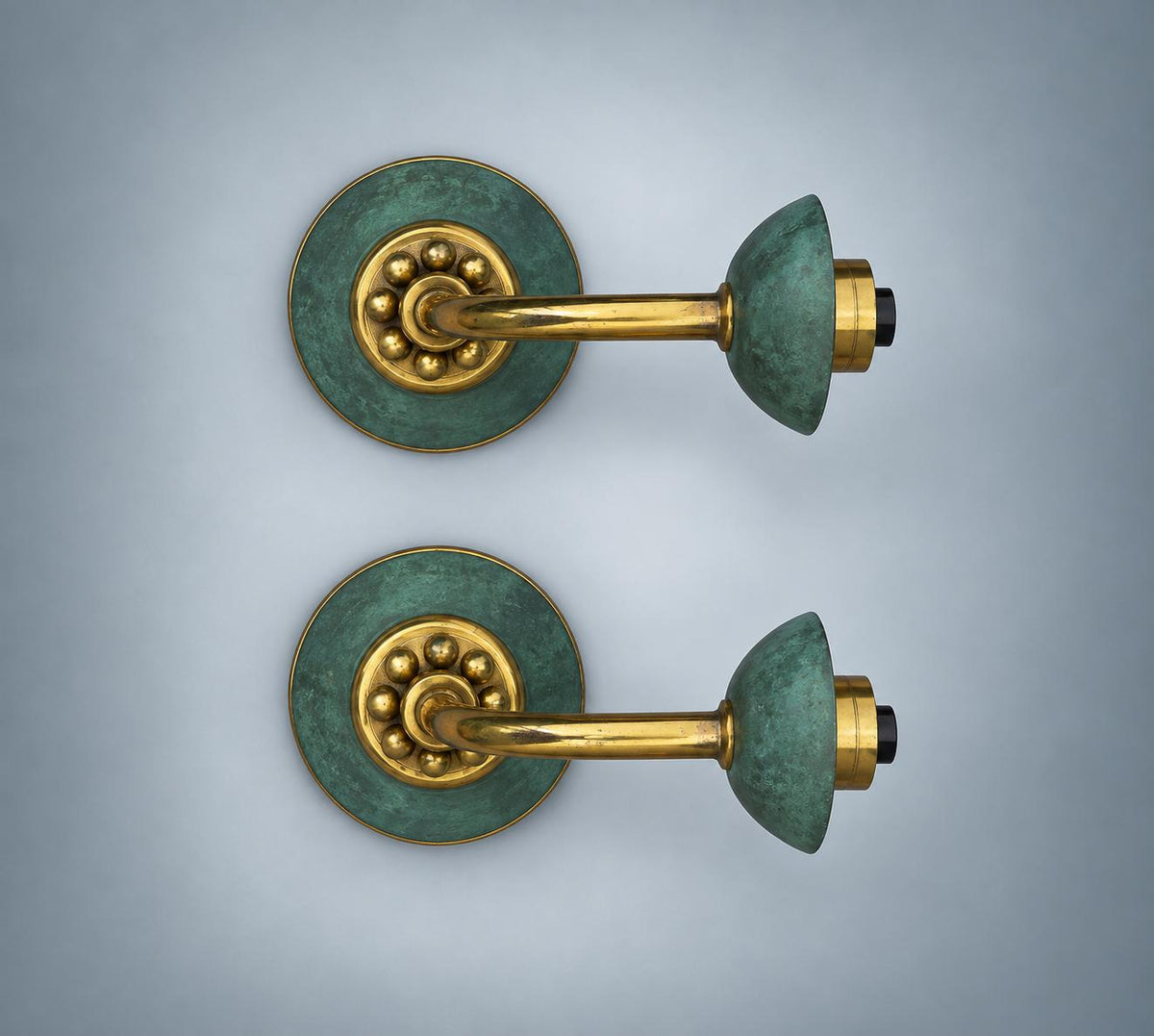 Pair of Mid-Century Brass Wall Sconces with Verdigris Patina — Single-Arm Fan Form Wall Lights, 1950s Style