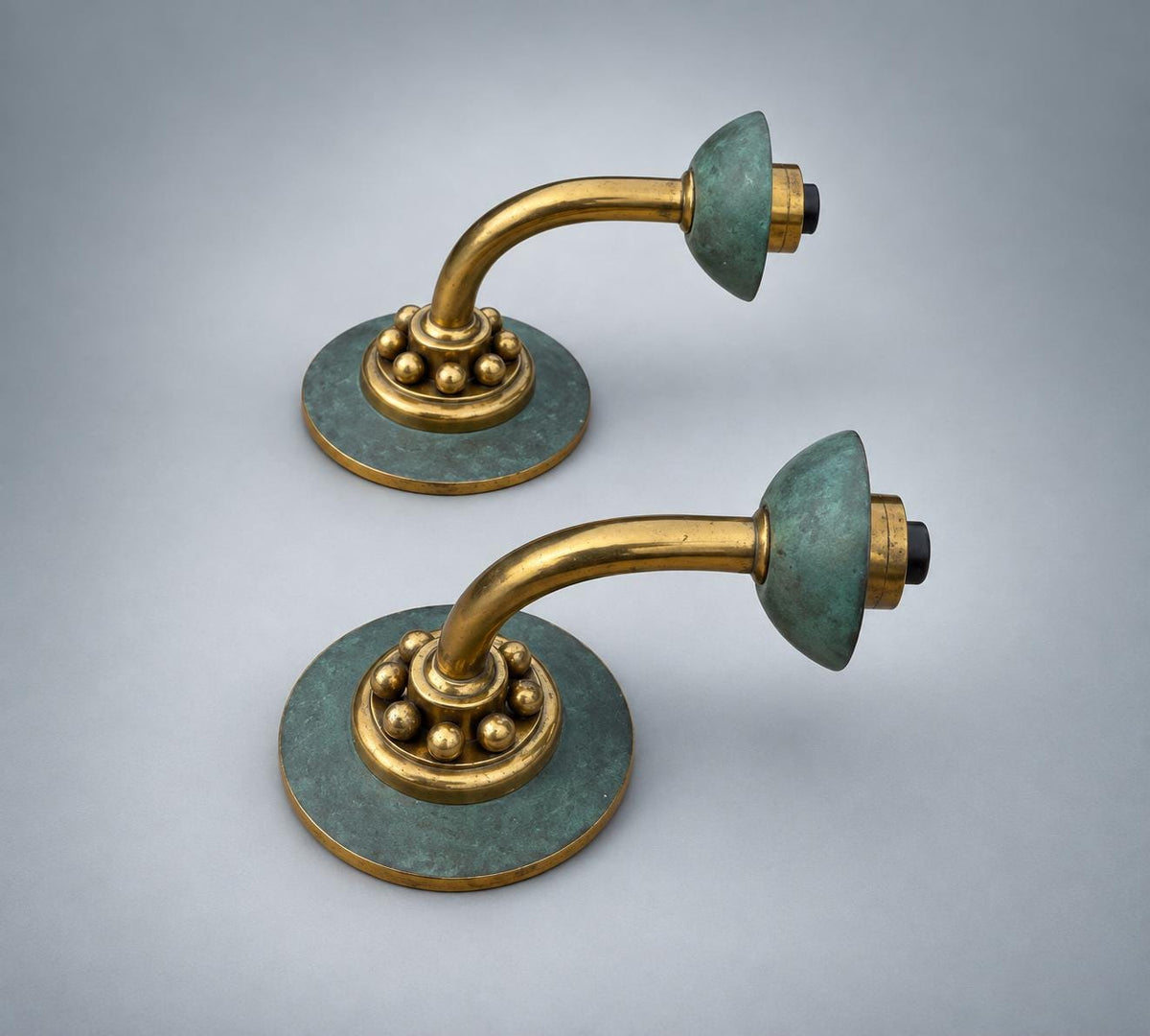 Pair of Mid-Century Brass Wall Sconces with Verdigris Patina — Single-Arm Fan Form Wall Lights, 1950s Style