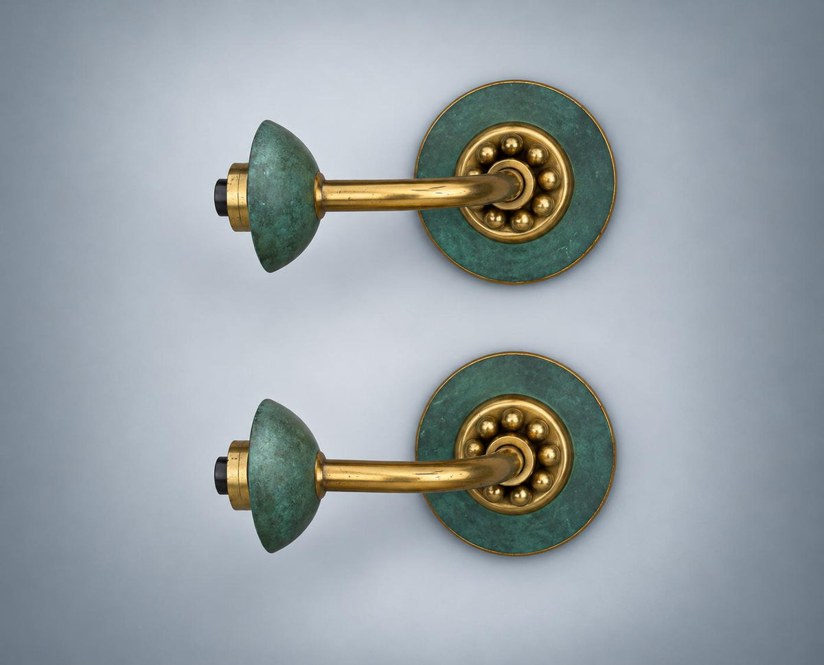 Pair of Mid-Century Brass Wall Sconces with Verdigris Patina — Single-Arm Fan Form Wall Lights, 1950s Style