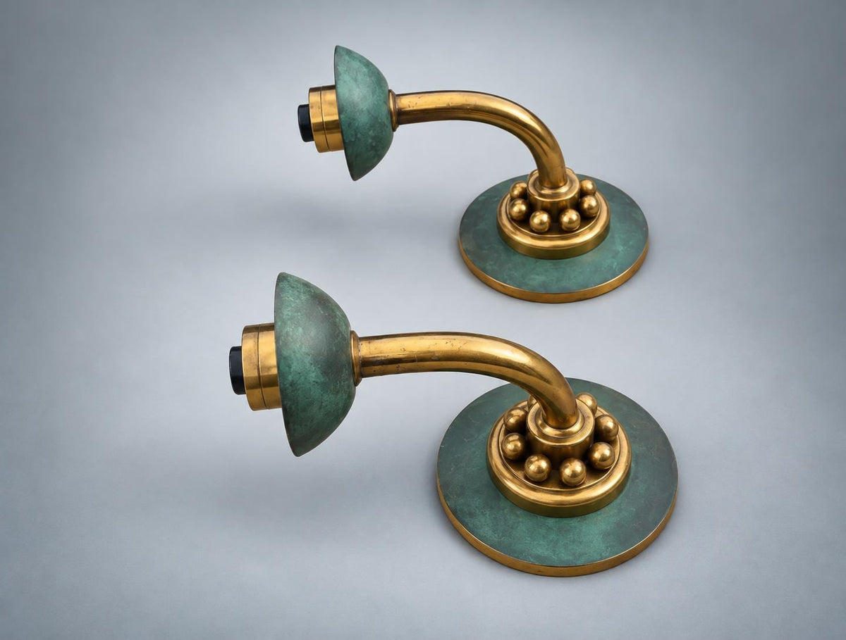 Pair of Mid-Century Brass Wall Sconces with Verdigris Patina — Single-Arm Fan Form Wall Lights, 1950s Style