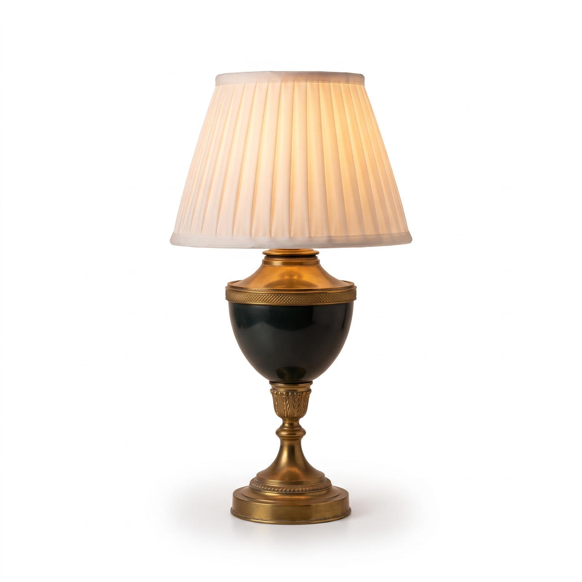 Antique French Empire Style Gilt Metal Urn Lamp — Green-Painted Body with Pleated Shade