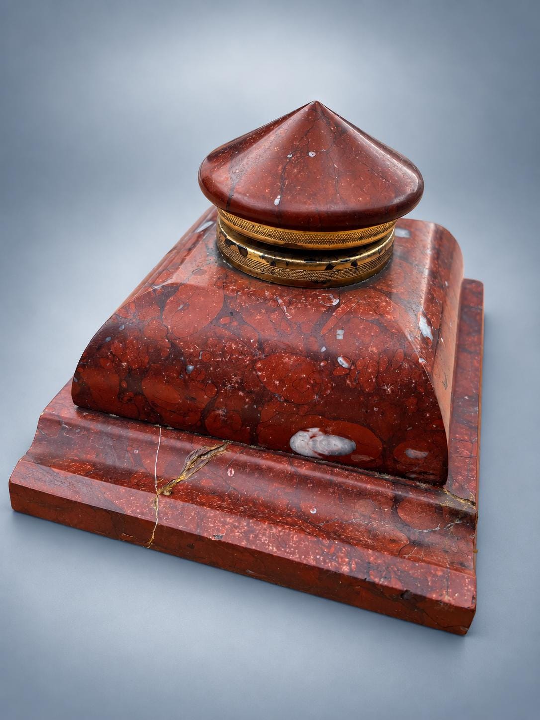 Antique French Rouge Marble Inkwell with Brass-Mounted Hinged Lid — Late 19th Century Style Desk Inkstand