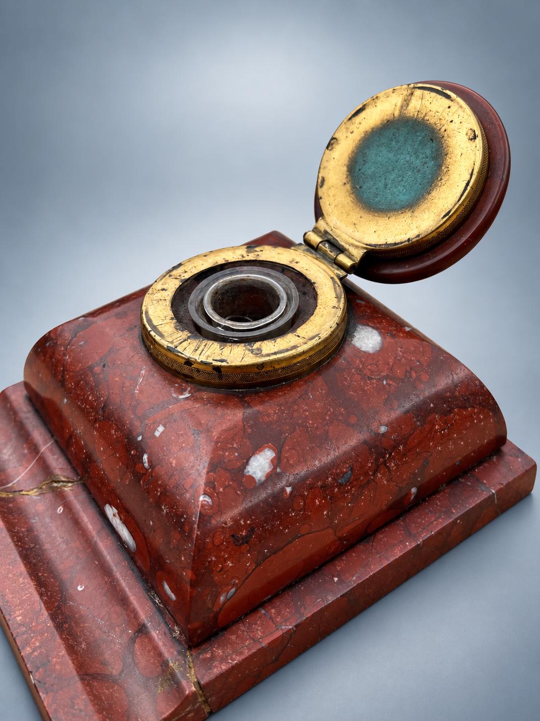 Antique French Rouge Marble Inkwell with Brass-Mounted Hinged Lid — Late 19th Century Style Desk Inkstand