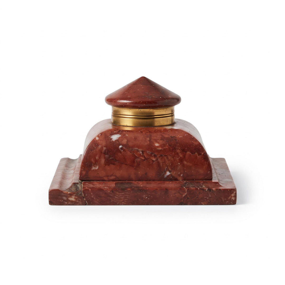 Antique French Rouge Marble Inkwell with Brass-Mounted Hinged Lid — Late 19th Century Style Desk Inkstand