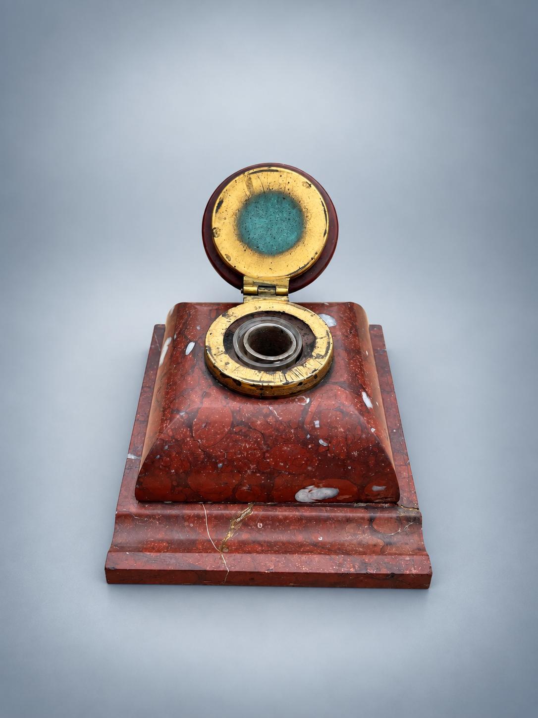 Antique French Rouge Marble Inkwell with Brass-Mounted Hinged Lid — Late 19th Century Style Desk Inkstand