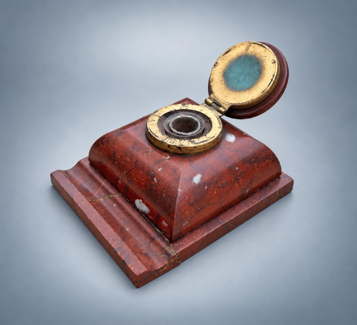 Antique French Rouge Marble Inkwell with Brass-Mounted Hinged Lid — Late 19th Century Style Desk Inkstand