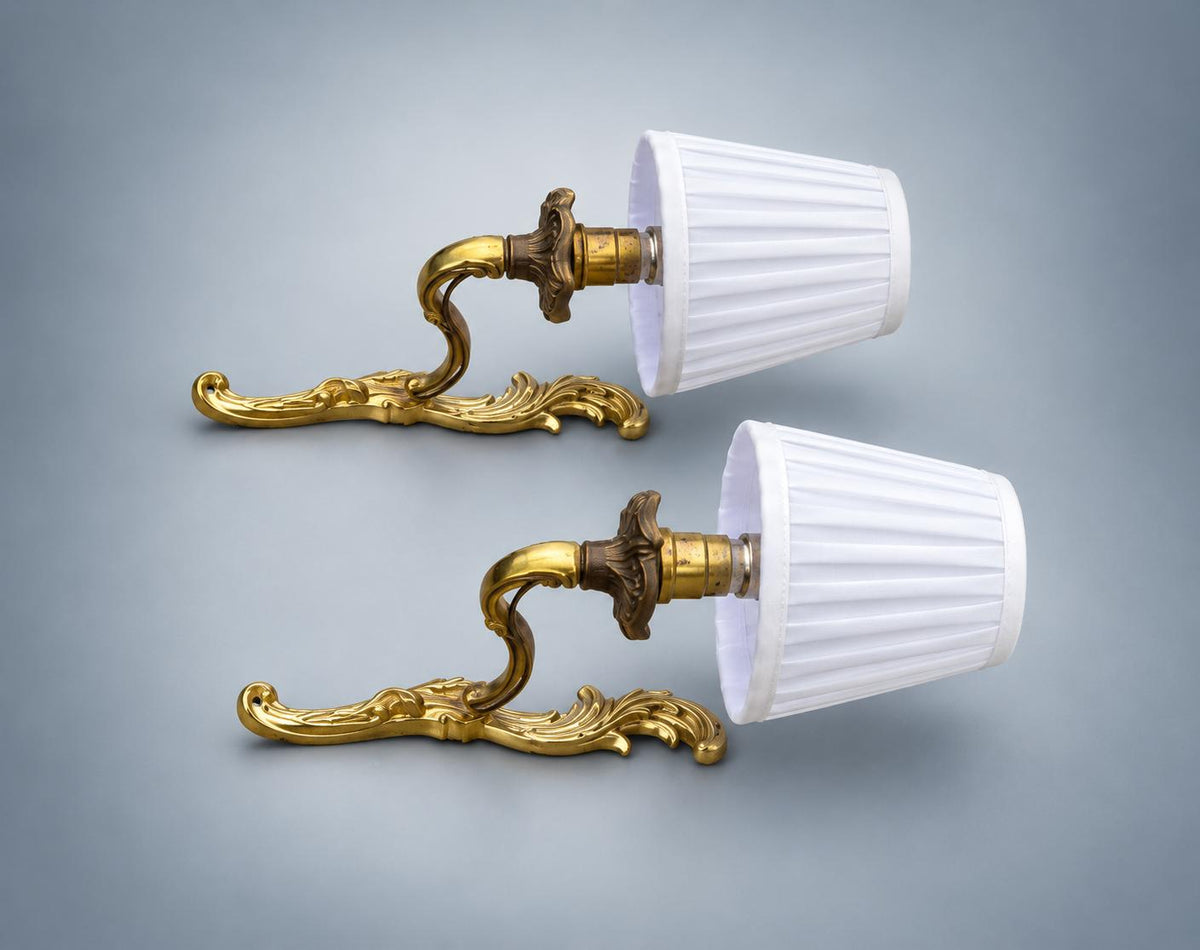 Pair of Antique French Gilt Metal Wall Sconces — Scrolling Single-Arm Sconces with Pleated Shades