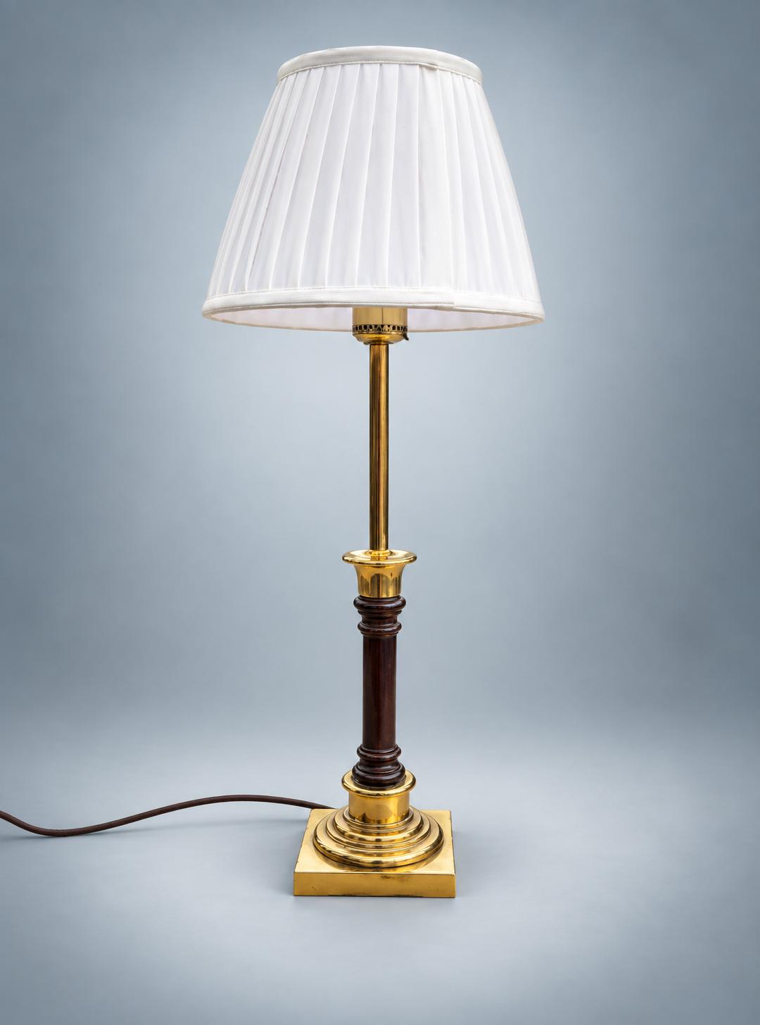 Vintage Brass Column Table Lamp with Dark Turned Column Accent — Stepped Square Base, Pleated Shade